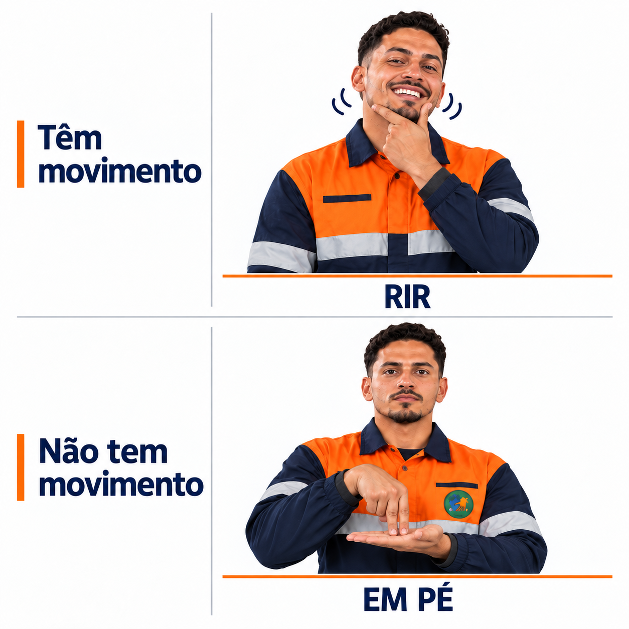 Modelo demonstrando Rir, com movimento, e Em pé, sem movimento, com os dedos apoiados na palma aberta voltada para cima.